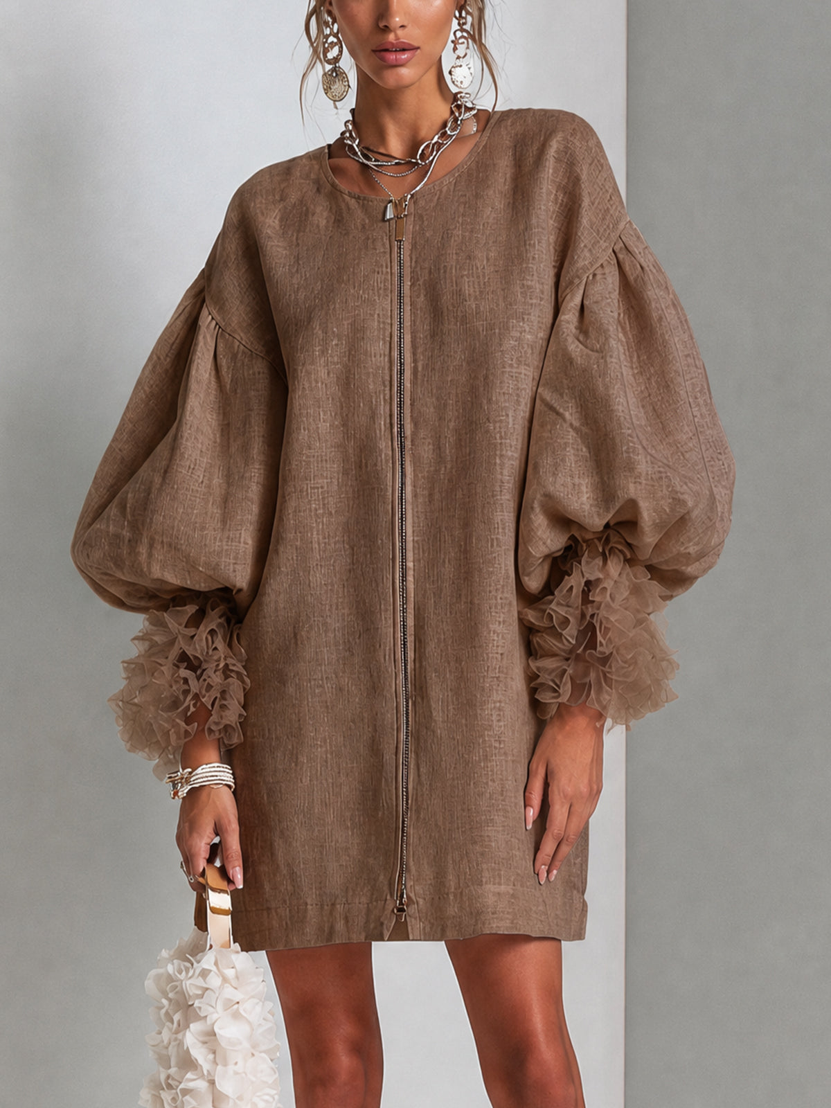Rebecca | Zip-front balloon sleeve mini dress 1