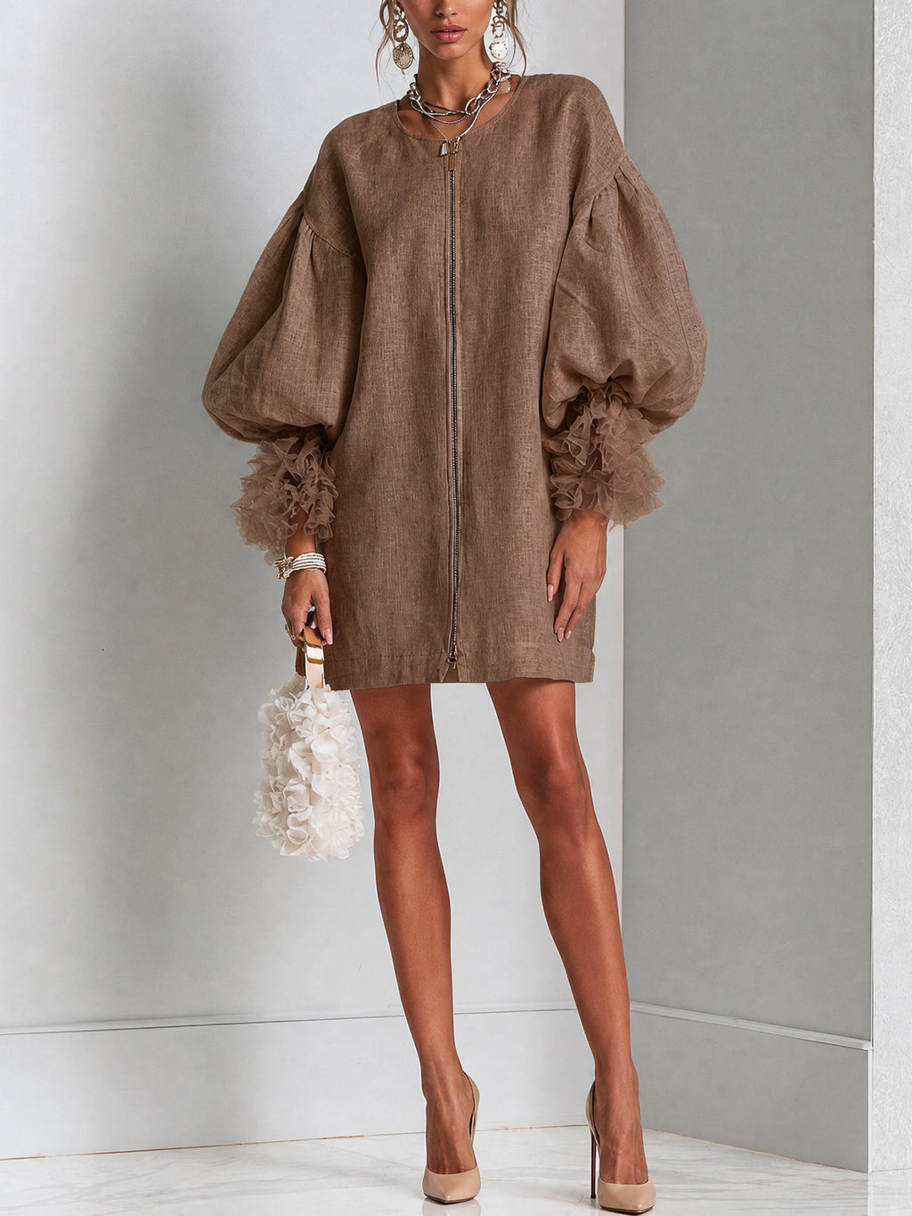 Rebecca | Zip-front balloon sleeve mini dress 4