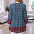 Cordelia | Teal boho geometric print pleated V-neck top 2