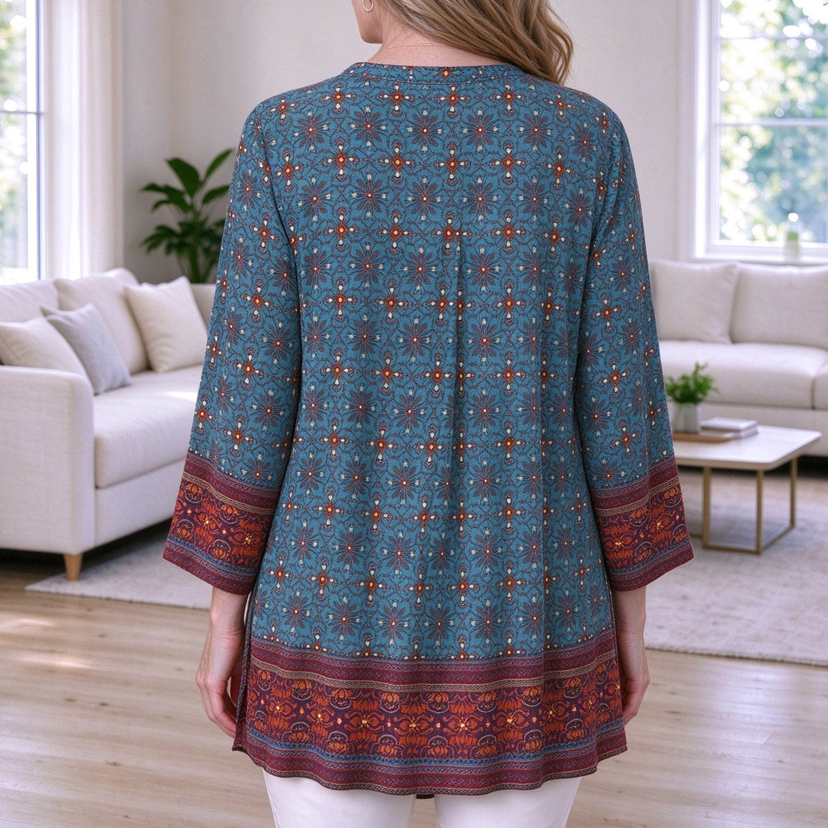 Cordelia | Teal boho geometric print pleated V-neck top 2