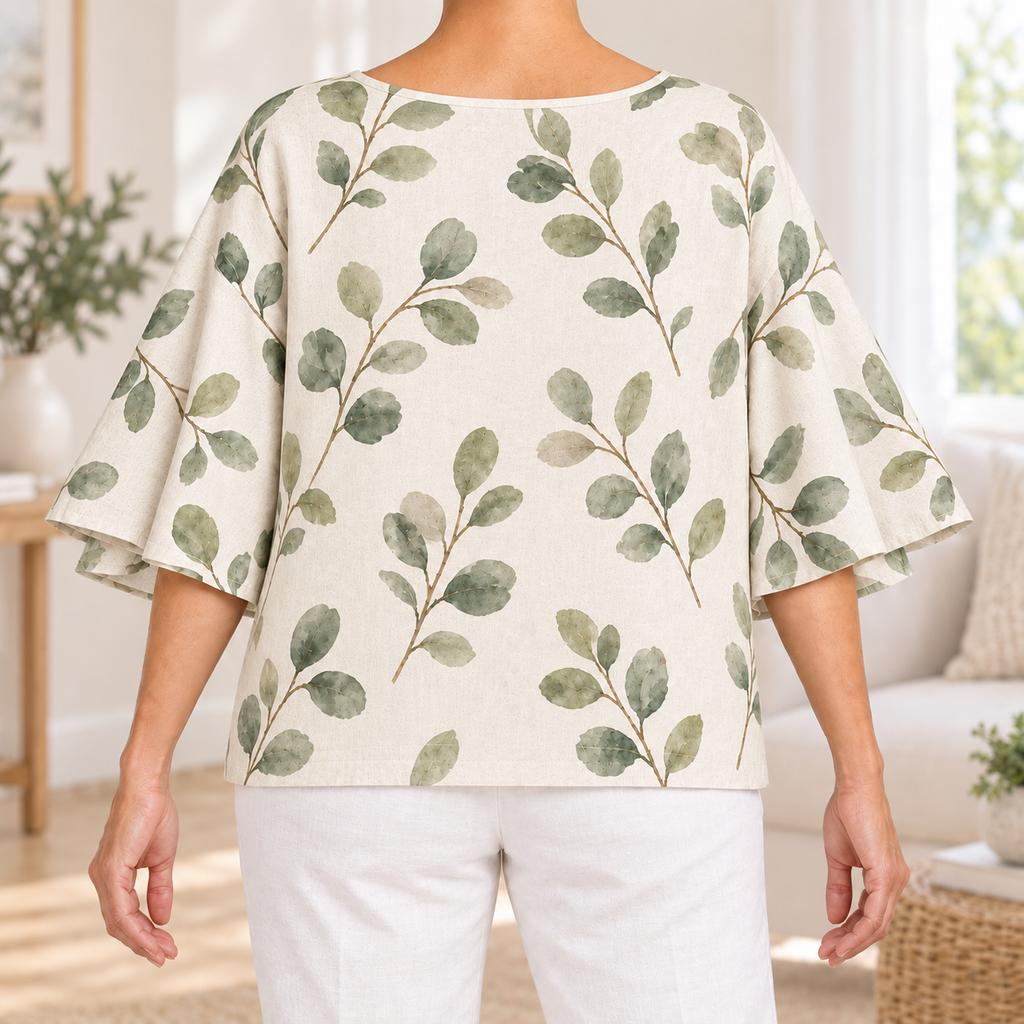 Miriam | Botanical leaf print blouse ivory flutter sleeve 3