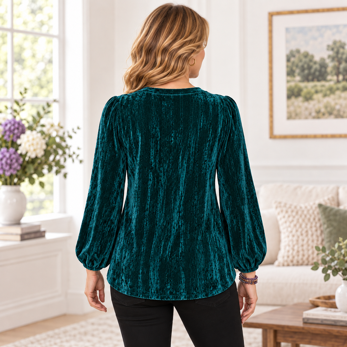 Cora | Floral embroidered velvet blouse teal 3