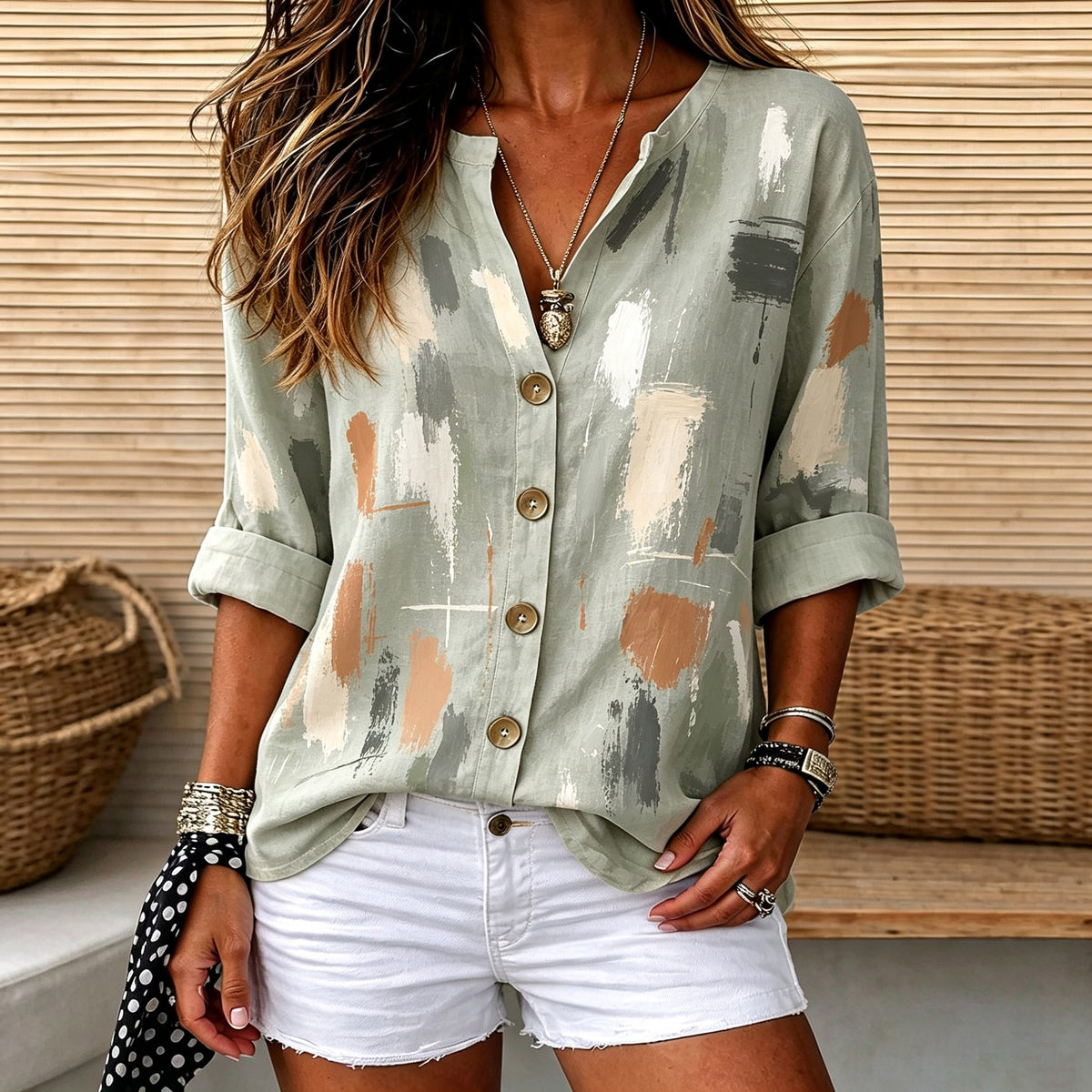 Katrina | Abstract paint print split V-neck button top 1