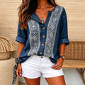 Martha | Navy tribal print split V-neck button top 1