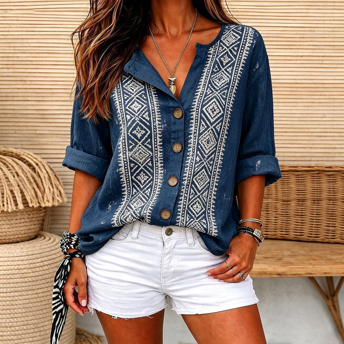 Martha | Navy tribal print split V-neck button top 1