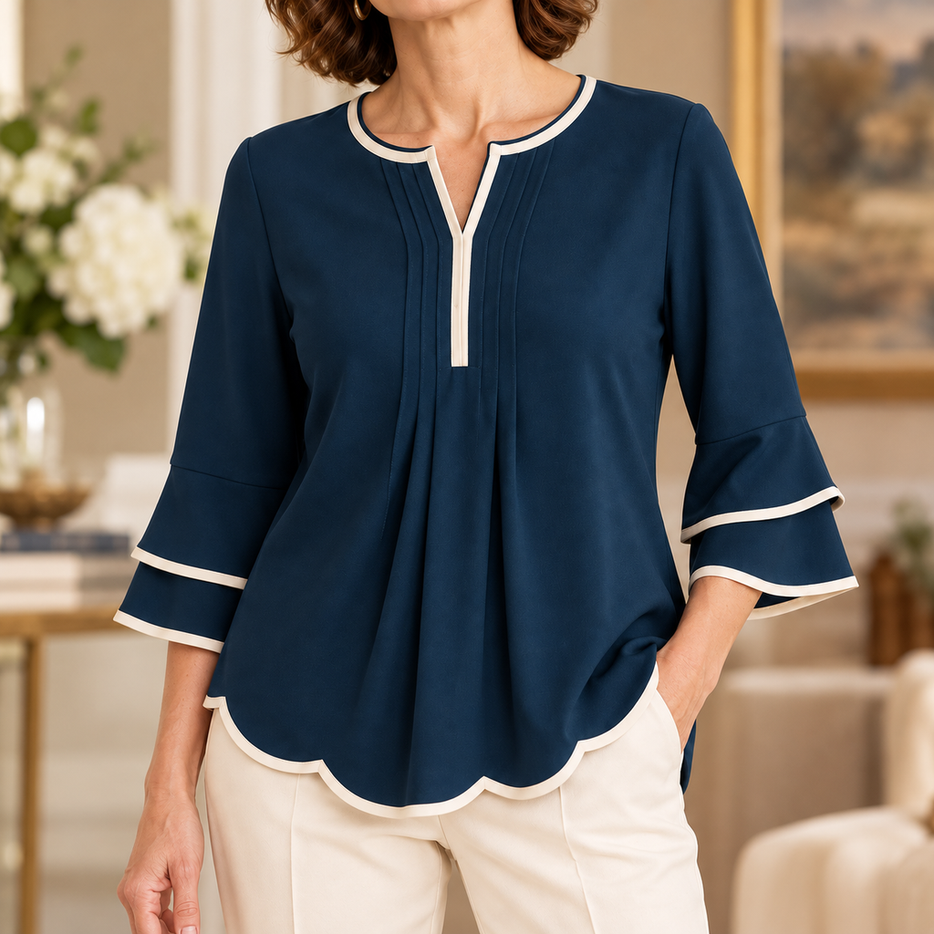 Gina | Navy split neck scallop hem blouse 1