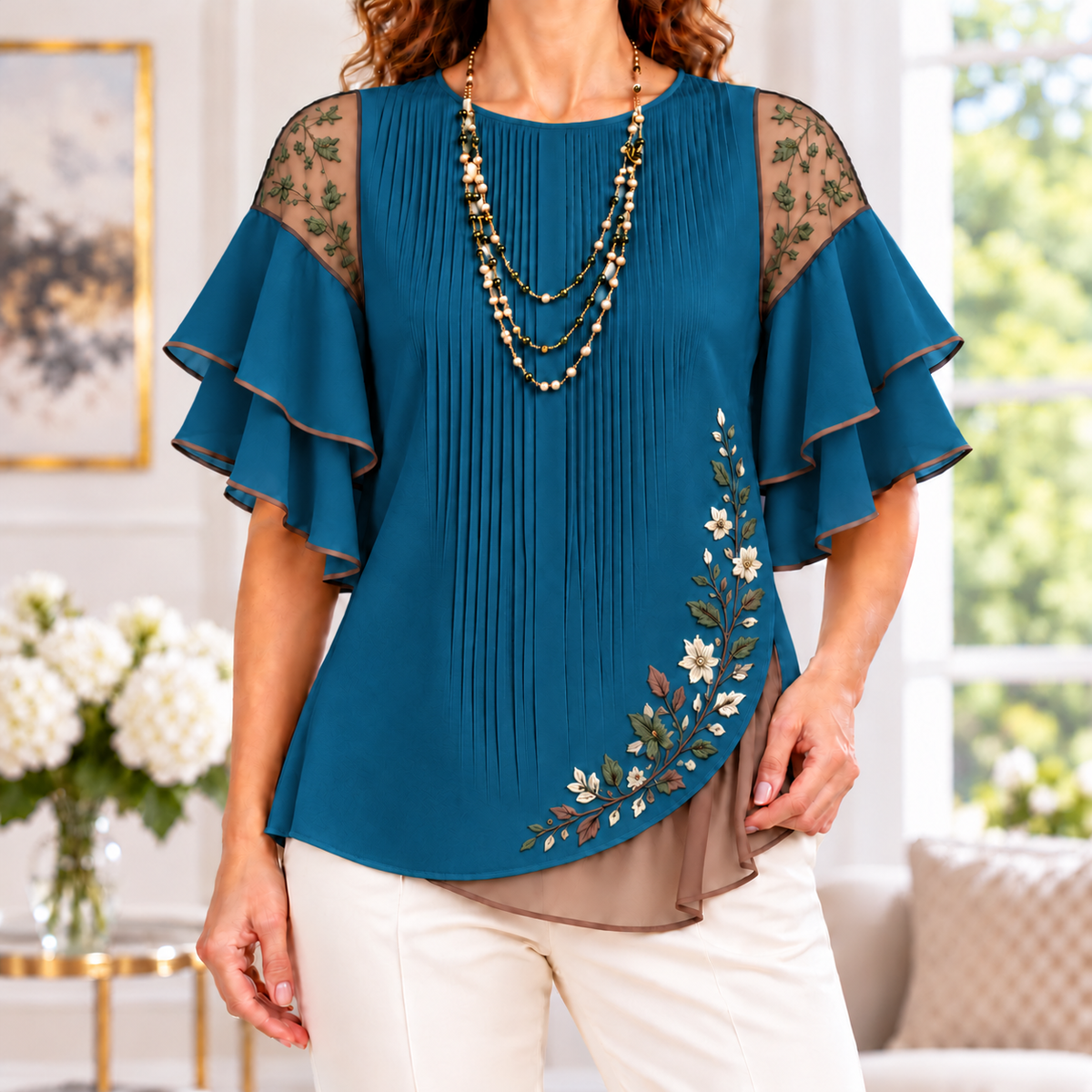 Beatrice | Floral embroidered pleated layered blouse 10