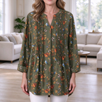 Dawn | Olive bird leaf print pleated button notch top 1
