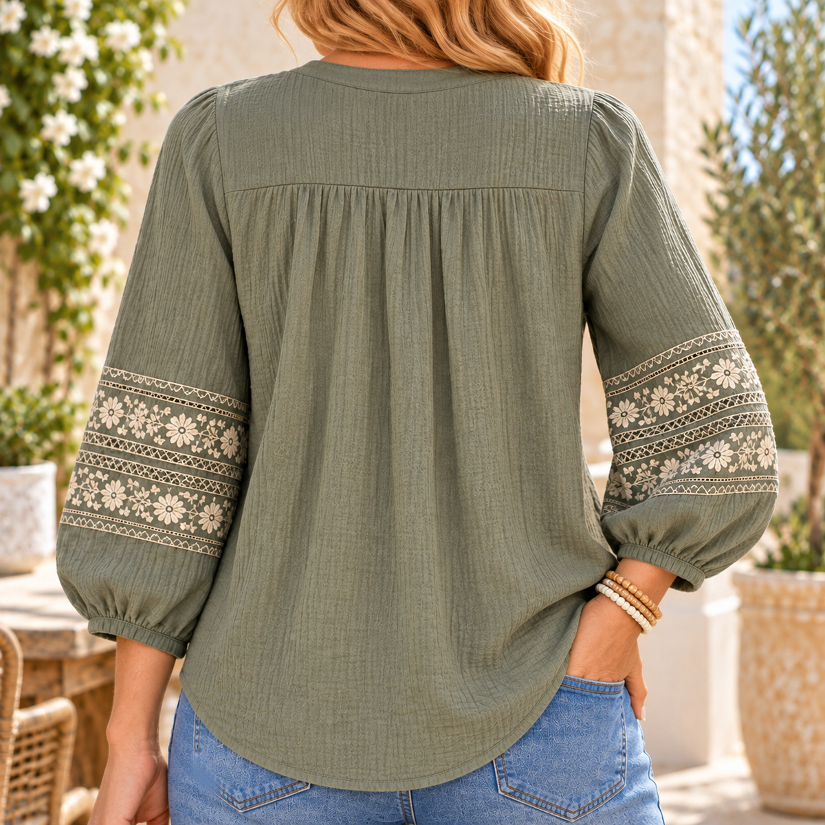 Christine | Boho floral embroidered blouse sage green 3
