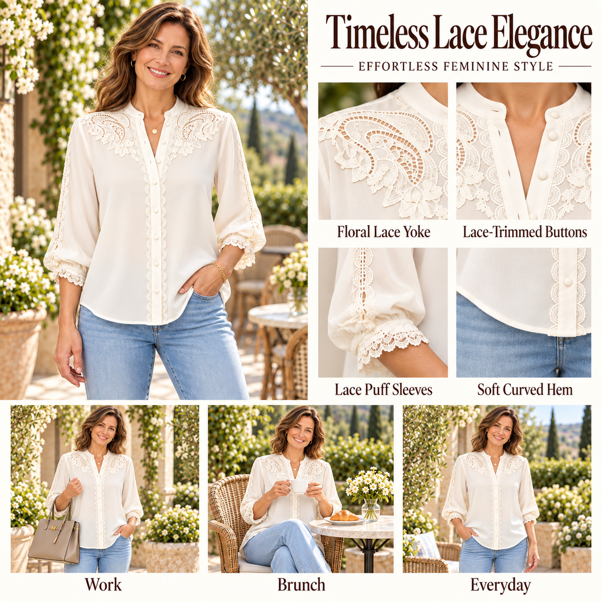 Eugenie | Romantic lace trim blouse ivory 3/4 sleeve 4