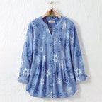 Diana | Blue snowflake pleated button notch neck tunic 2