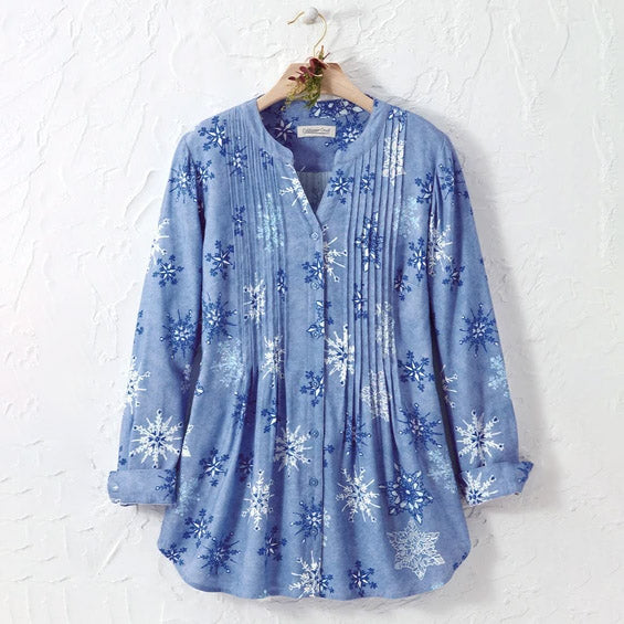 Diana | Blue snowflake pleated button notch neck tunic 2