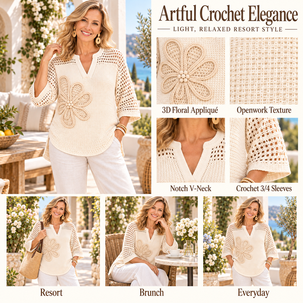 Edwina | Boho crochet knit floral top ivory 3/4 4