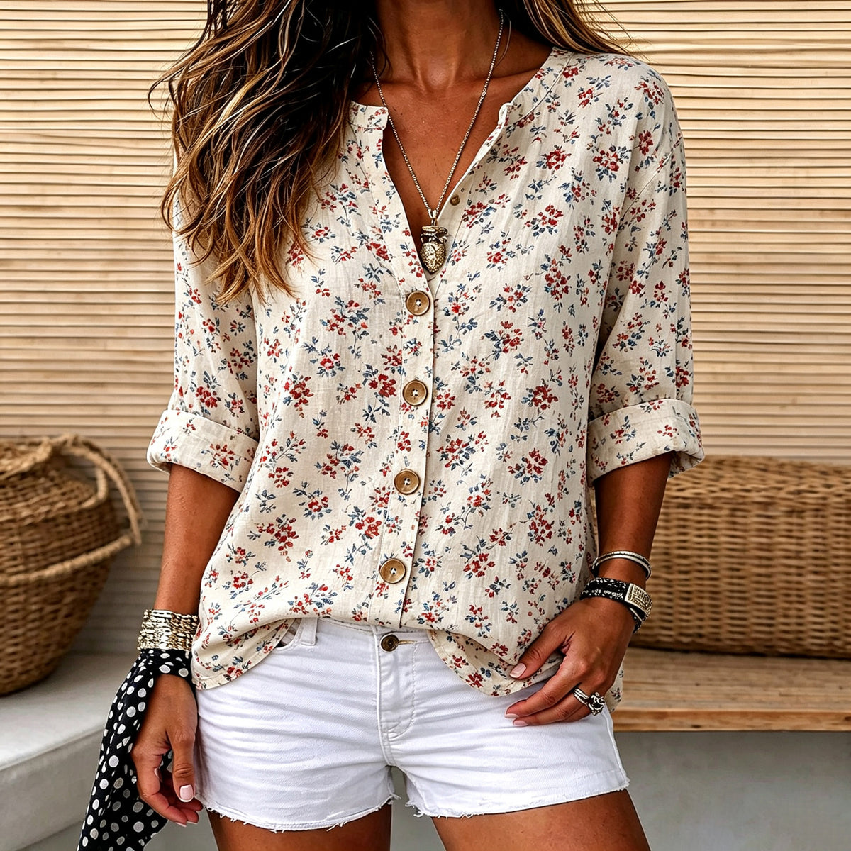 Laurel | Floral print V-neck button down blouse 1
