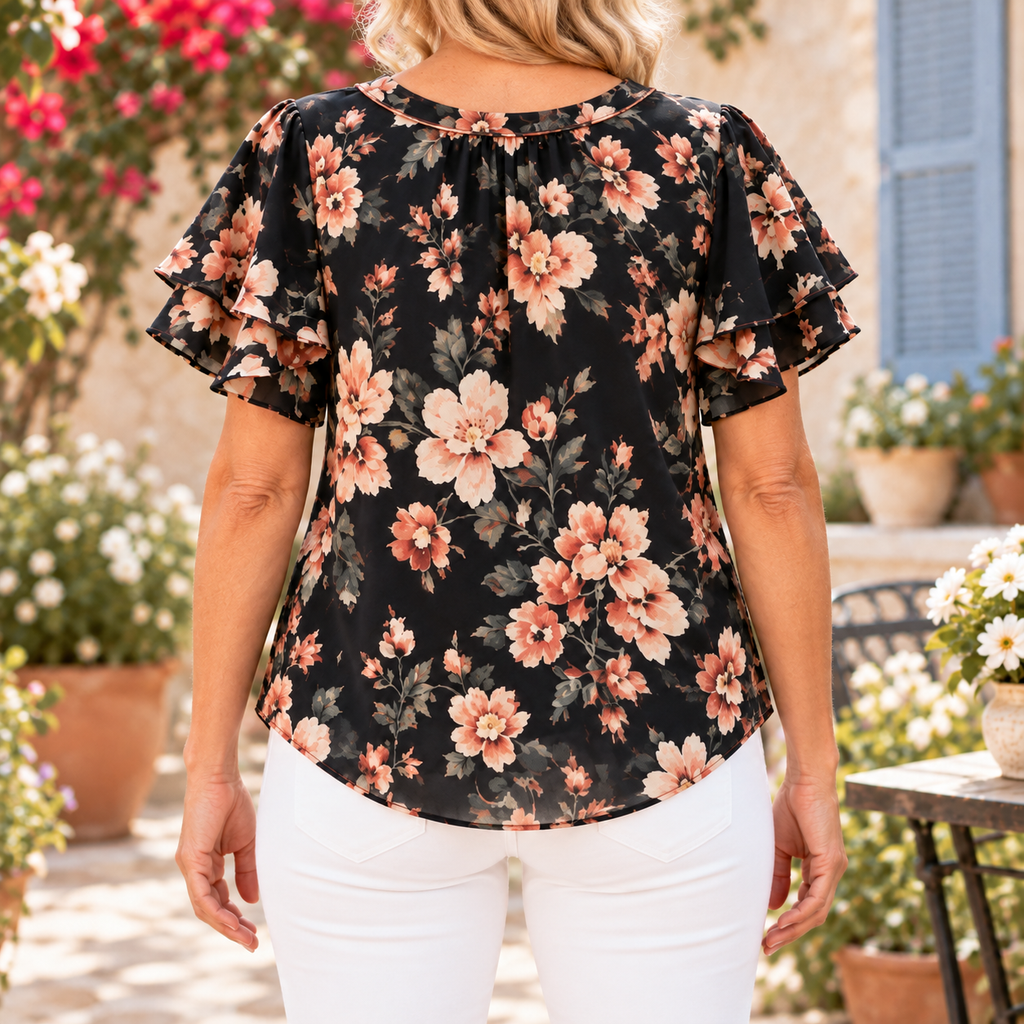 Eleanora | Romantic floral bow blouse black flutter sleeve 3