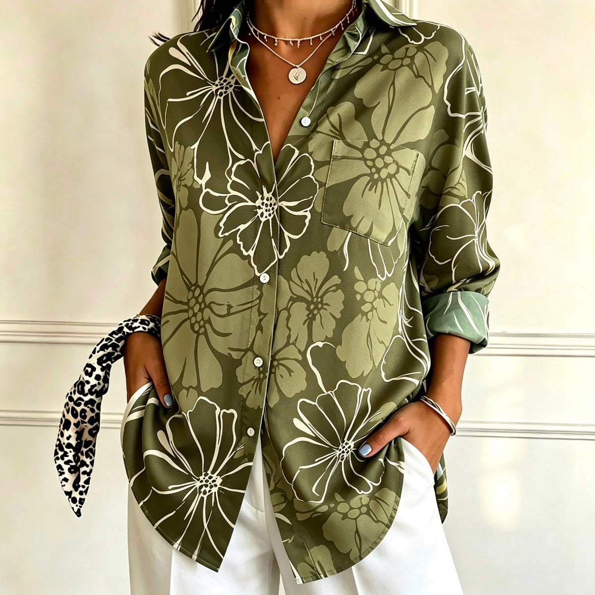 Jocelyn | Olive green floral line-art shirt 1