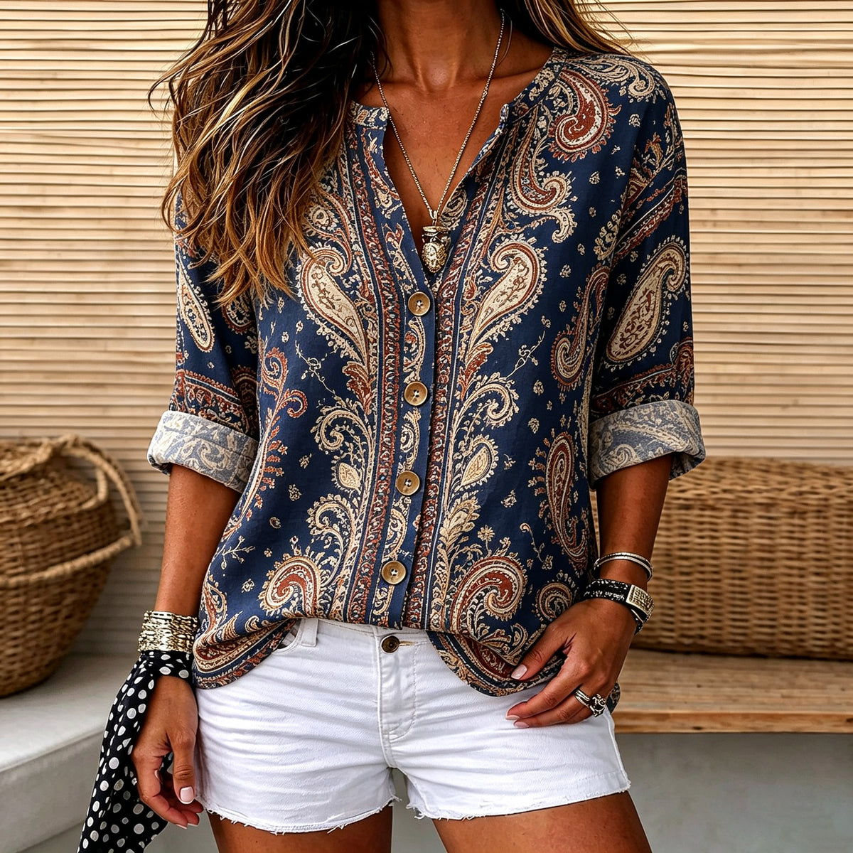 Marlene | Navy paisley print split V-neck button top 1