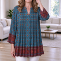 Cordelia | Teal boho geometric print pleated V-neck top 1