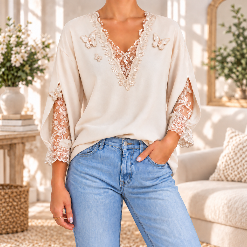 Petra | Lace butterfly blouse V-neck 3/4 sleeve 1