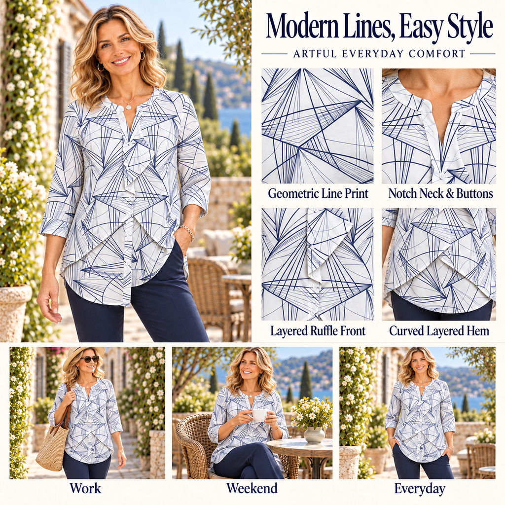 Millie | Modern geometric print blouse white navy 4