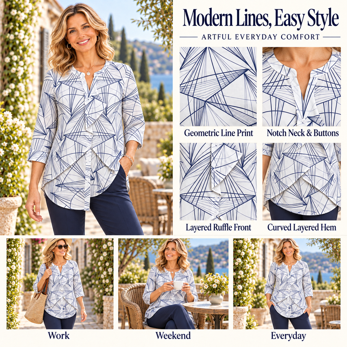 Millie | Modern geometric print blouse white navy 4