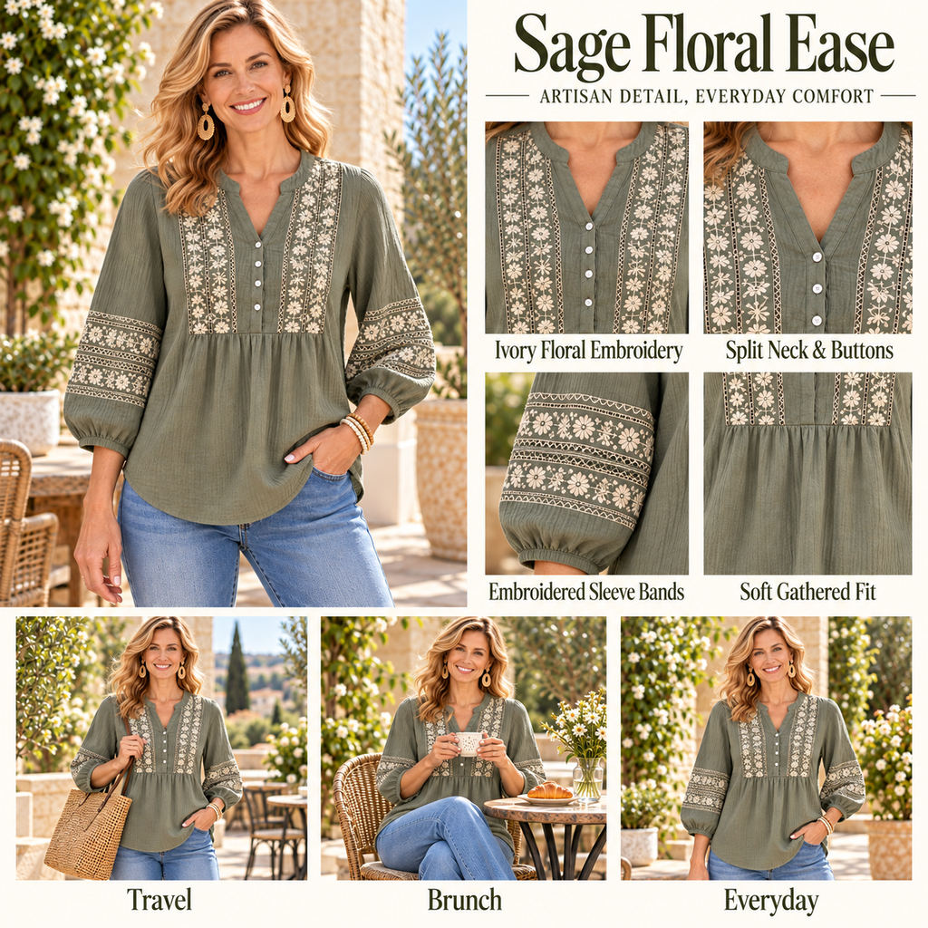 Christine | Boho floral embroidered blouse sage green 4