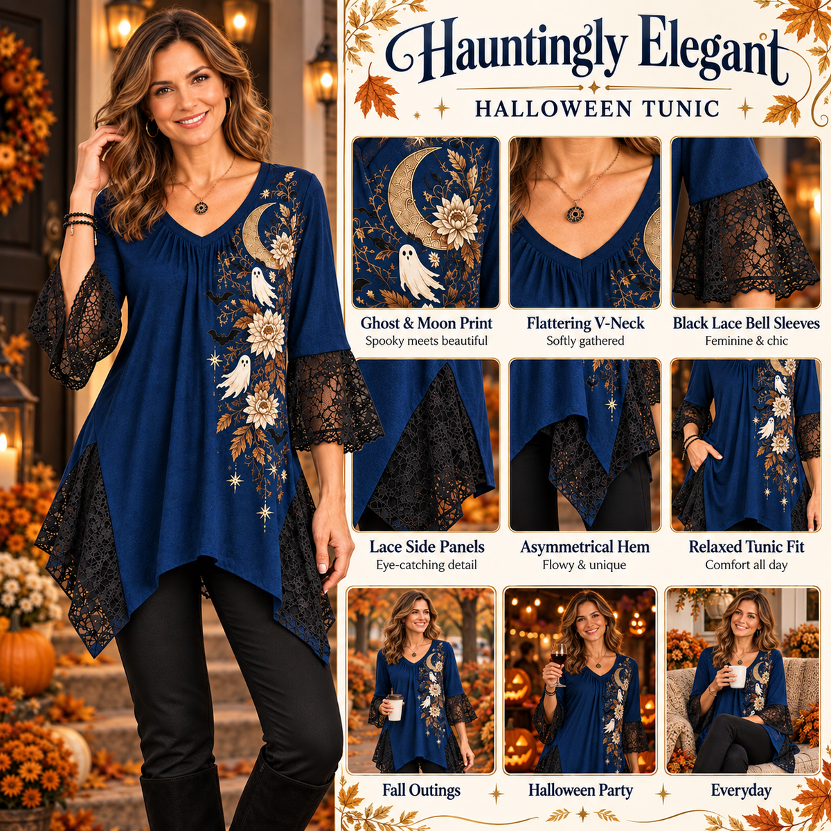Melanie | Boho halloween ghost floral tunic navy blue 4