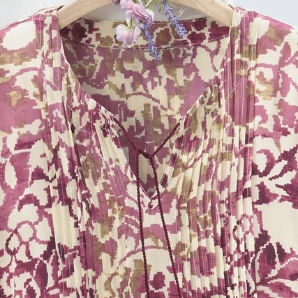 Esther | Pink boho floral print pleated tassel tie top 3