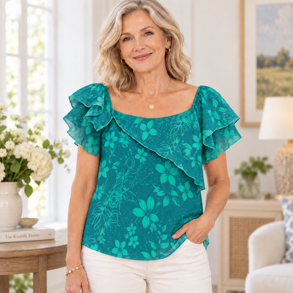 Elaine | Romantic teal floral ruffle blouse square neck 2