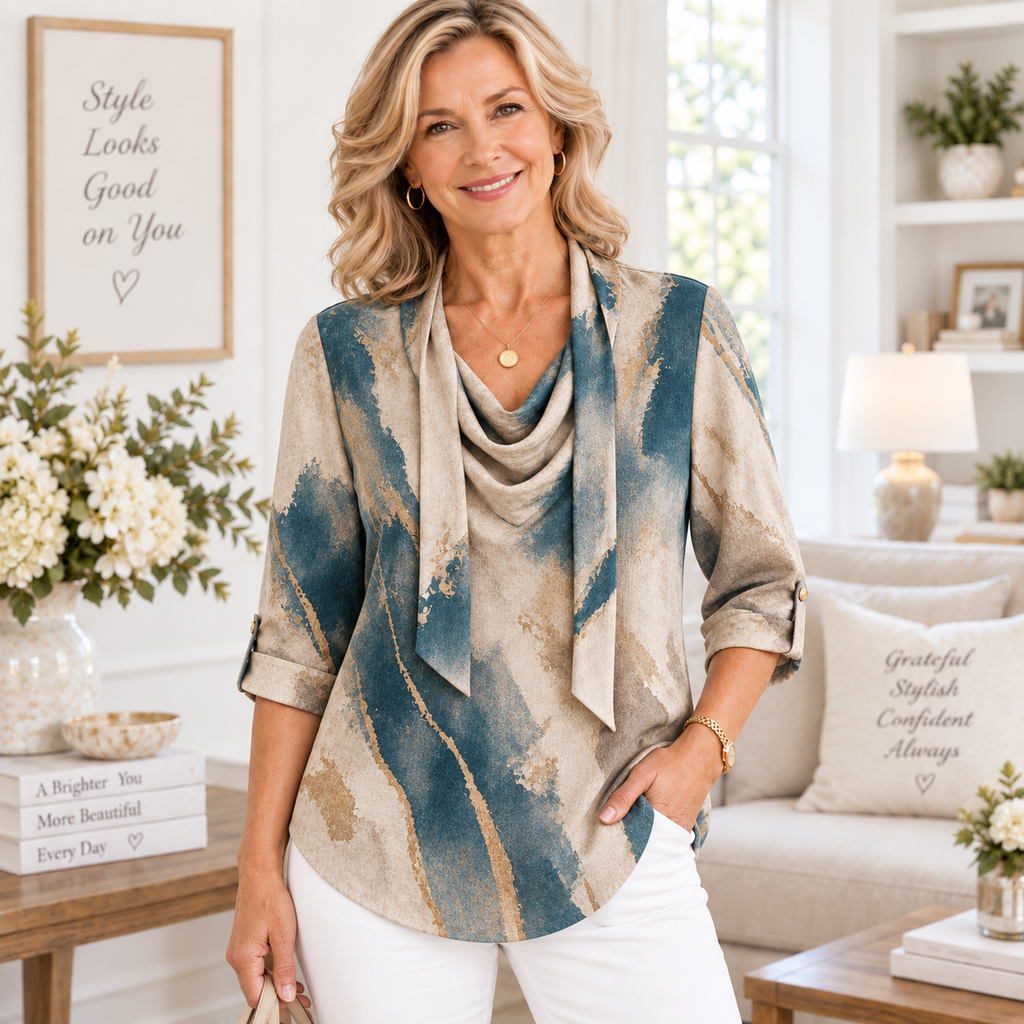 Donna | Teal abstract tunic cowl neck 3/4 sleeve 2