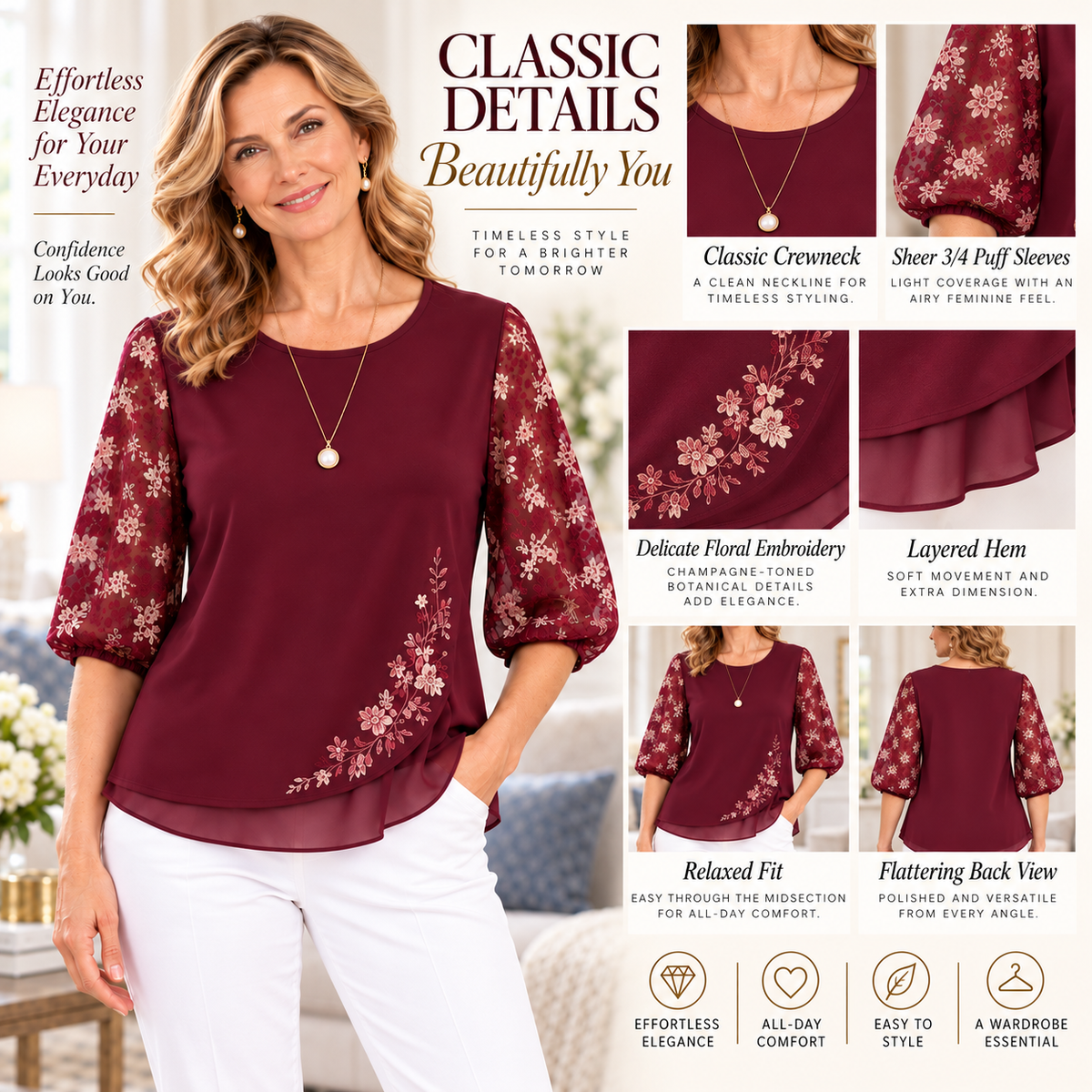 Charlotte | Burgundy embroidered blouse sheer puff sleeve 4