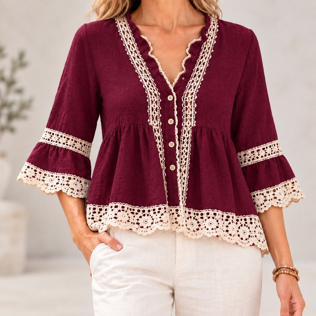 Elvira | Boho lace trim V-neck peplum blouse 1