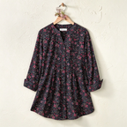 Deborah | Dark charcoal floral pleated button notch neck top 2