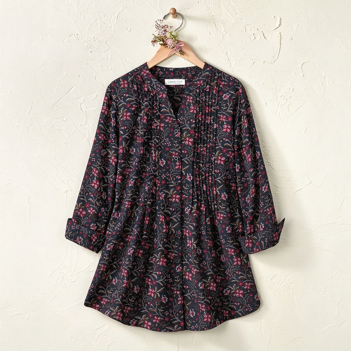 Deborah | Dark charcoal floral pleated button notch neck top 2