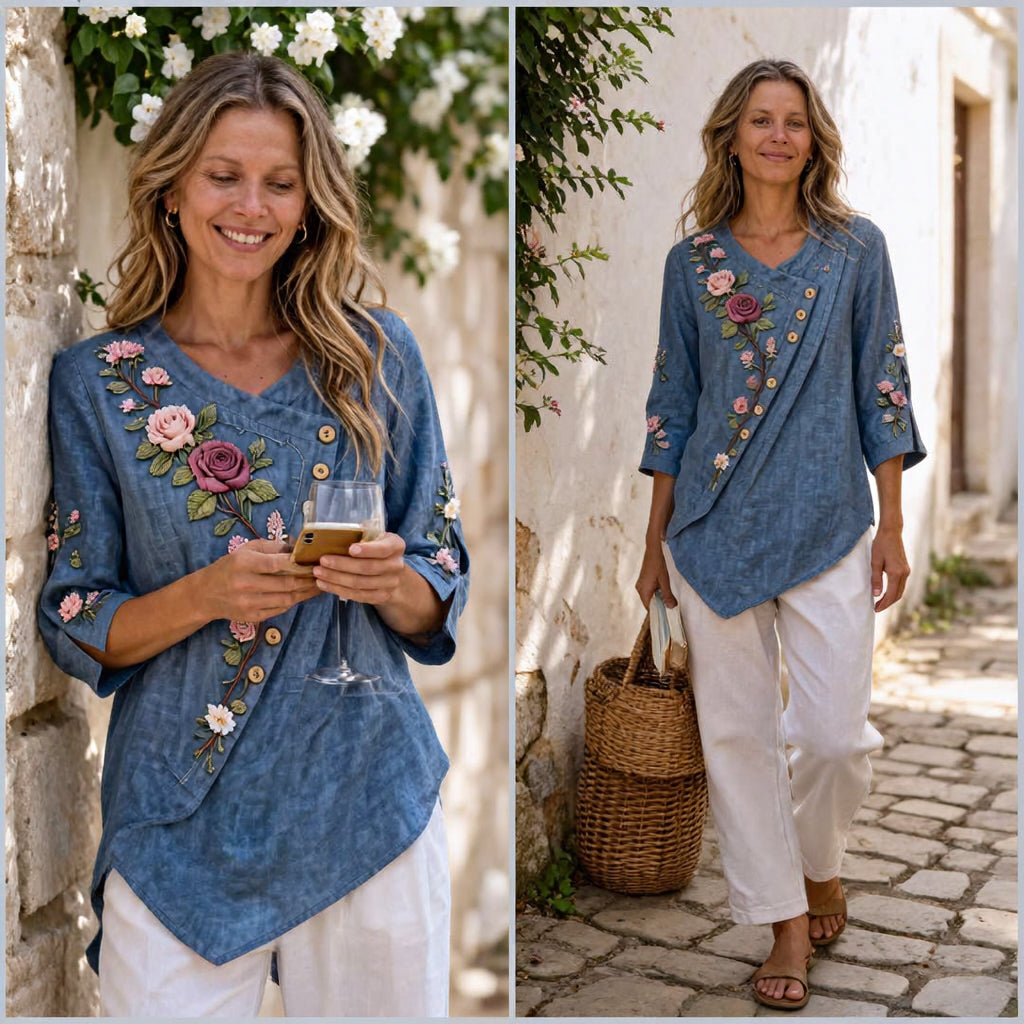 Penelope | Floral embroidered tunic blue 3/4 sleeve 2