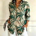 Jemima | Green tropical leaf print collared button down top 1