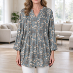 Denise | Slate blue woodland deer pleated button notch top 1