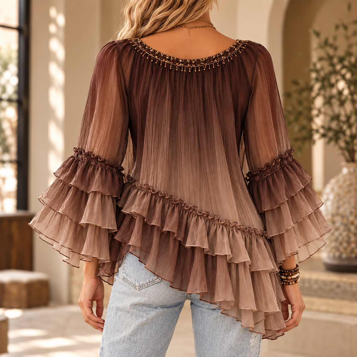 Hilary | Boho ruffle split neck blouse bell sleeve 3