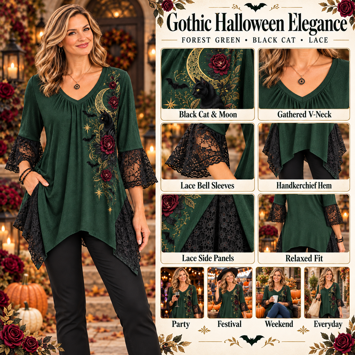 Maxine | Gothic halloween black cat tunic green 4