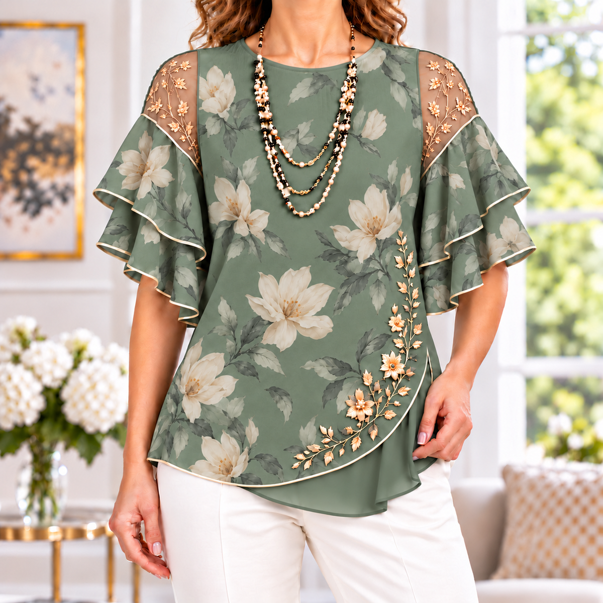 Carmen | Magnolia floral pleated layered blouse 1