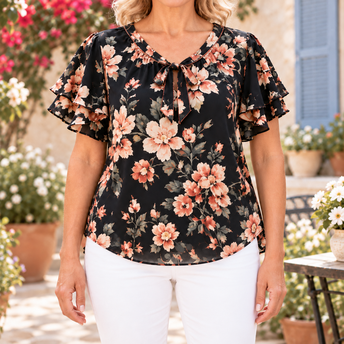 Eleanora | Romantic floral bow blouse black flutter sleeve 1