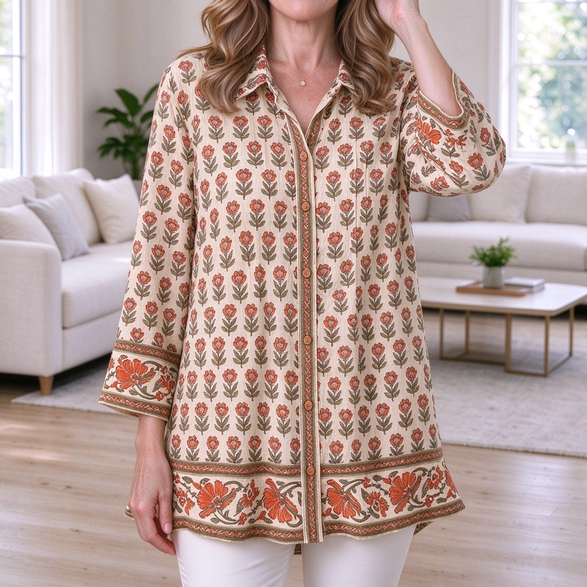 Dolores | Beige floral print button down border hem top 1
