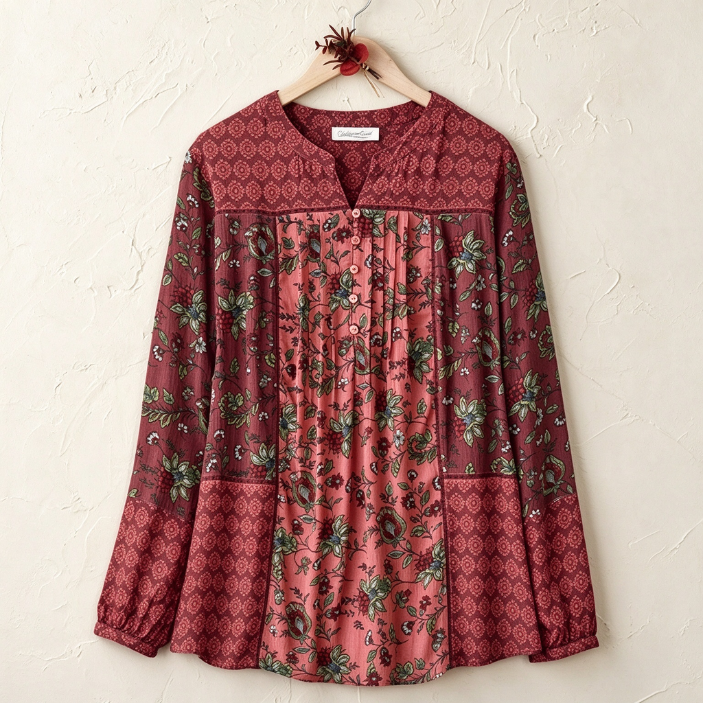 Darcy | Burgundy floral patchwork pleated button notch neck top 2