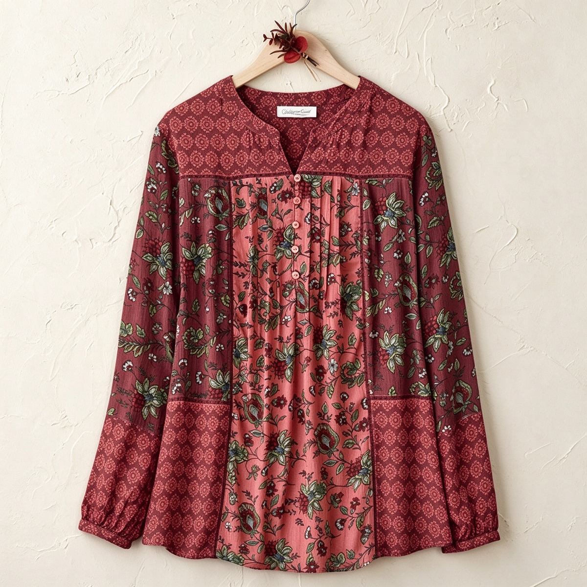 Darcy | Burgundy floral patchwork pleated button notch neck top 2