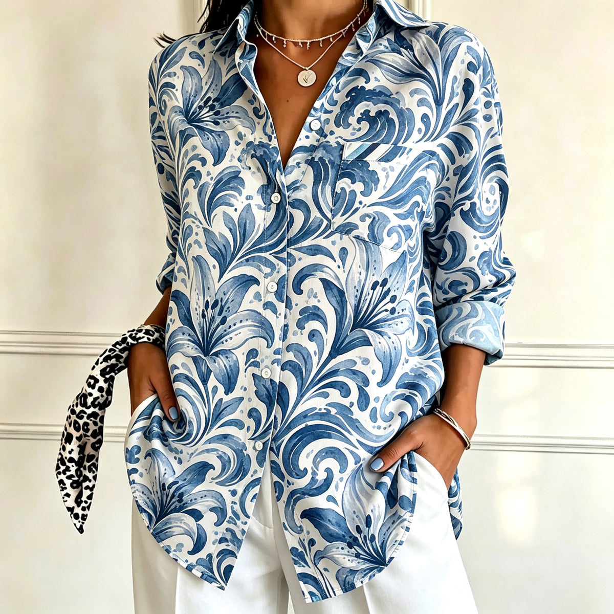 Jasmine | Blue floral porcelain print shirt 1