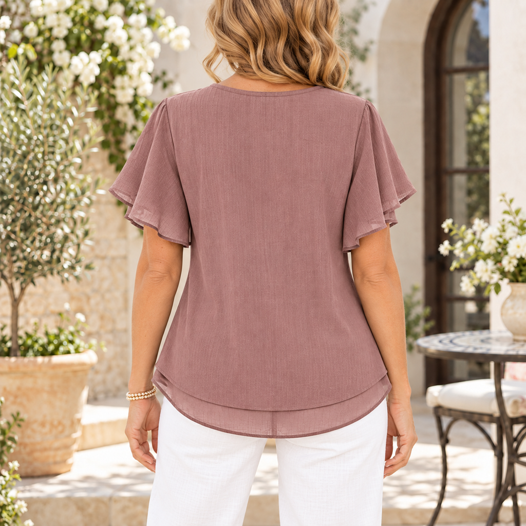 Chloe | Mauve embroidered blouse V-neck flutter sleeve 3