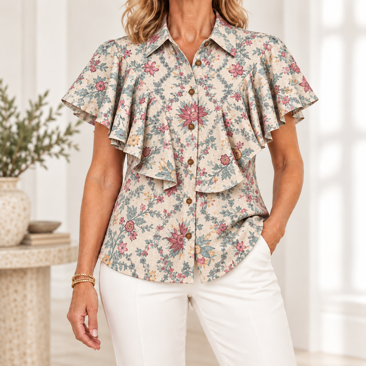 Ida | Vintage floral ruffle button front blouse 1